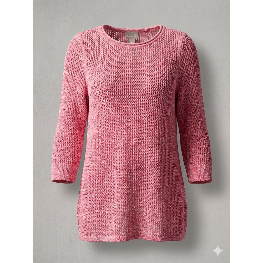 Chico's Women's S Coastal Feminine Resortwear Beachy Open‎ Knit Crewneck Sweater